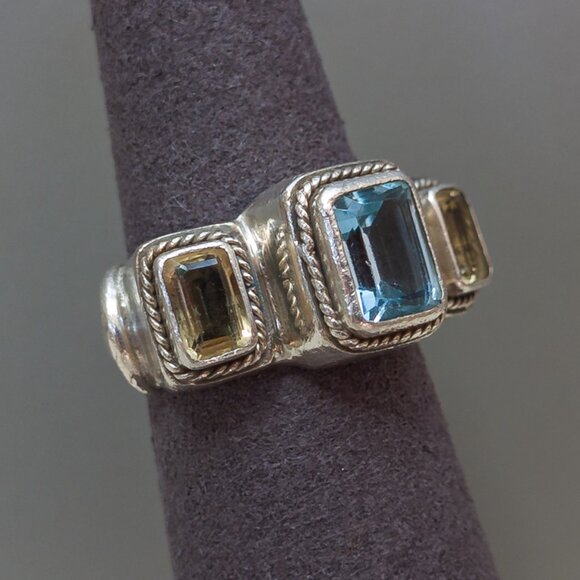 Lori Bonn Vintage Sterling Silver Gemstone Ring–Blue Topaz & Citrine, Size 57.5 - Picture 3 of 16